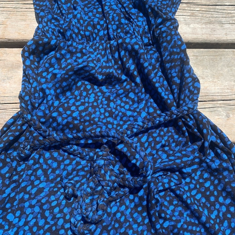 💜 Joe Fresh Blue Black Speckled Ruched V-Neck Sleeveless Dress Size M/M - Picture 2 of 6